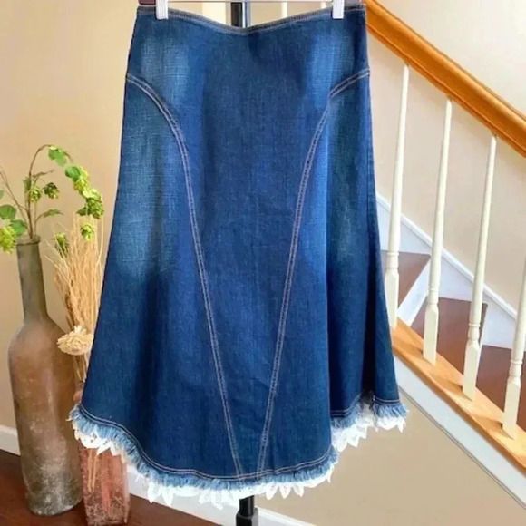 Casadei Vintage Y2K Denim Midi Skirt with Lace Trim Size 10 - Picture 1 of 10